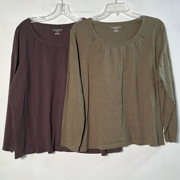 TALBOTS Set of Two Heathered Olive/ Brown Cotton Scoop Detailed Neck Tops SZ 2X - Picture 1 of 16